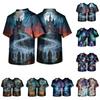 Herren Halloween Print V-Ausschnitt Kasack mit Tasche Kurzarm Uniformhemd
