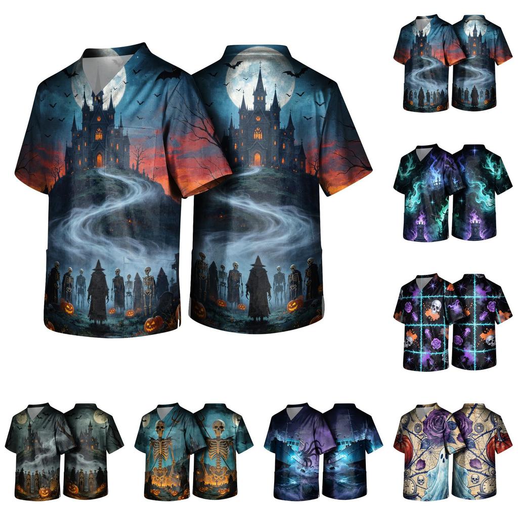 Men's Halloween Print V-Neck Scrub Top with Pocket Short Sleeve Uniform Shirt