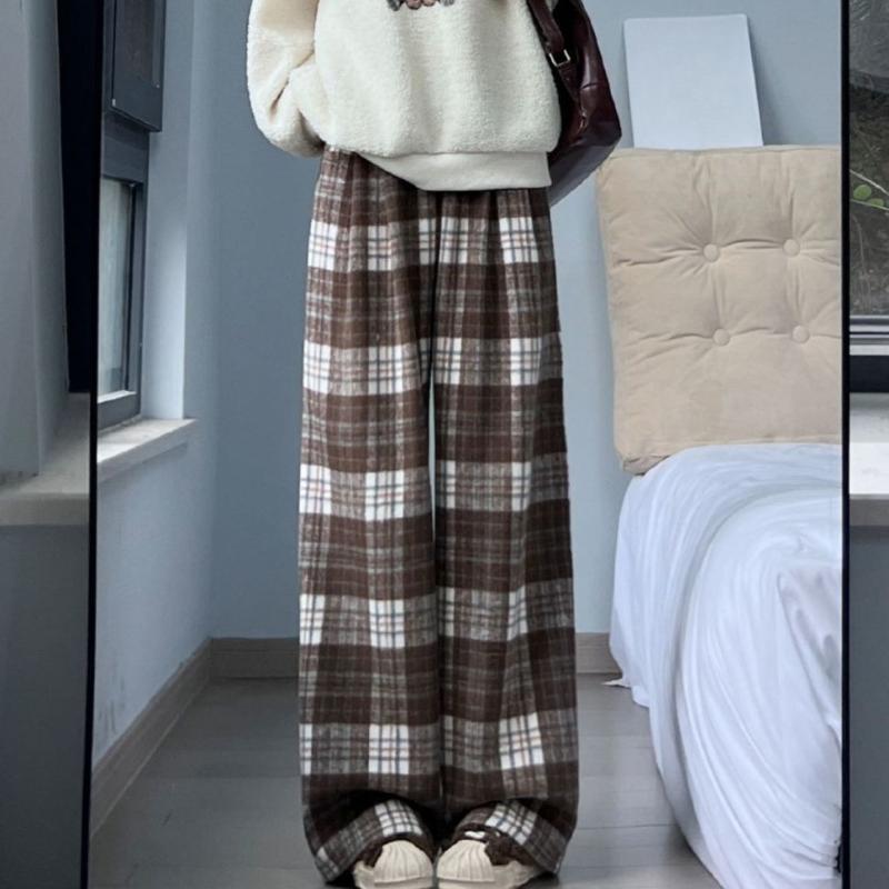 Blue Plaid Wool Pants Women Winter Loose Straight Leg Retro Casual Wide Leg Trousers