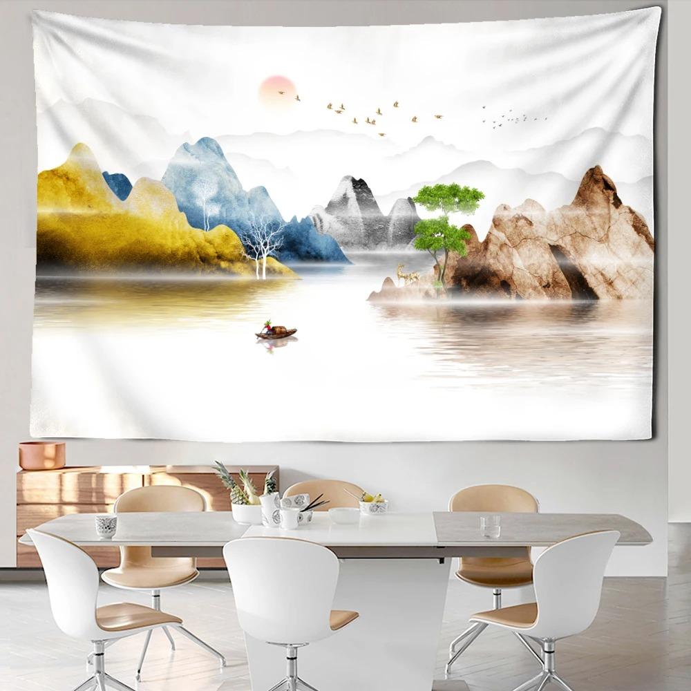 Line ink mountain view tapestry bohemian style background cloth beautiful home decoration room dormitory bedside hanging cloth