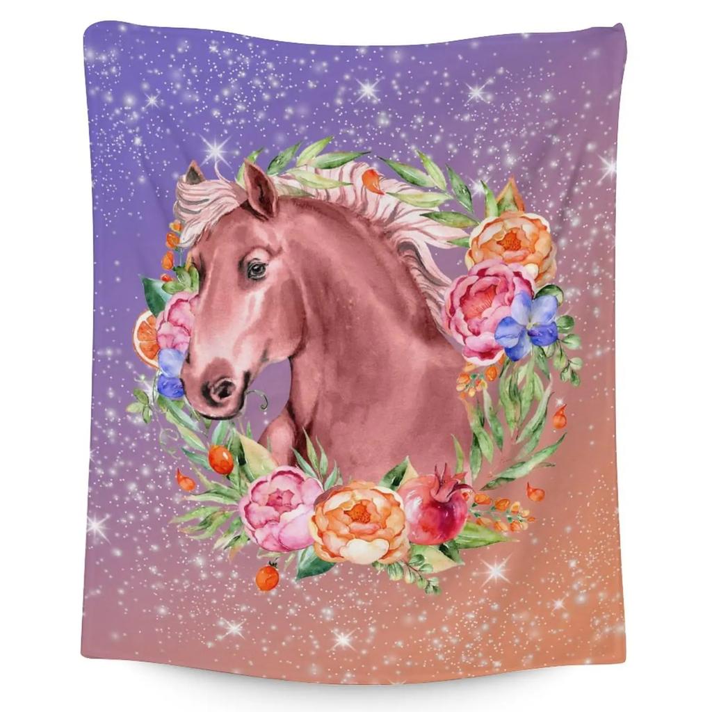 Girls Horse Blanket Beautiful Animal Horse with Wreath Throw Blanket, Ultra Soft Warm Sofa Bedding Living Room Flannel Blankets