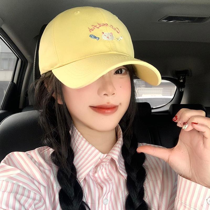 Adorable Cat Embroidered Baseball Cap Stylish Korean Version Wide Brim Adjustable Hat For Women