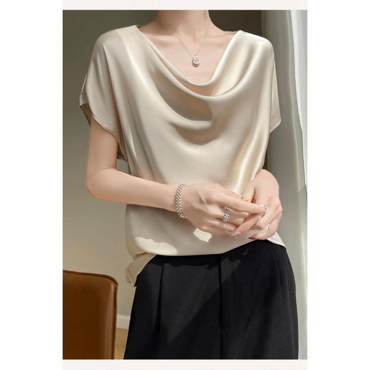 Fashion Women Satin Thin Temperament Collar Tops Short Sleeve Stacked Spring Summer New Versatile T-shirt Foreign Style