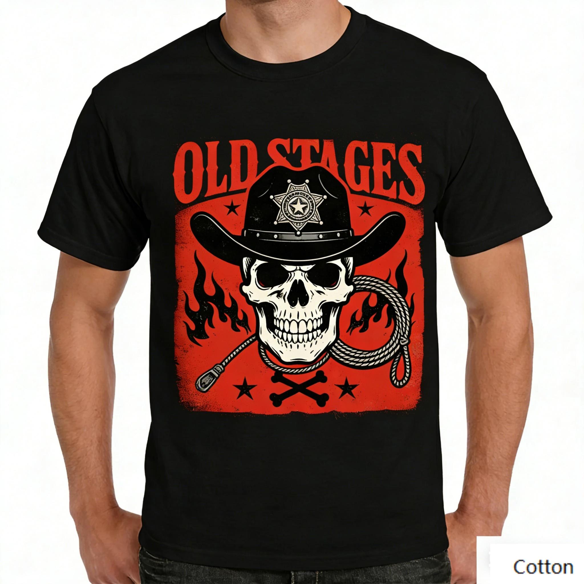 Vintage Western Skeleton Sheriff Graphic T Shirt, Cotton Crew Neck Short Sleeve Tee, Lasso Flame Print Unisex Top S разноцветный