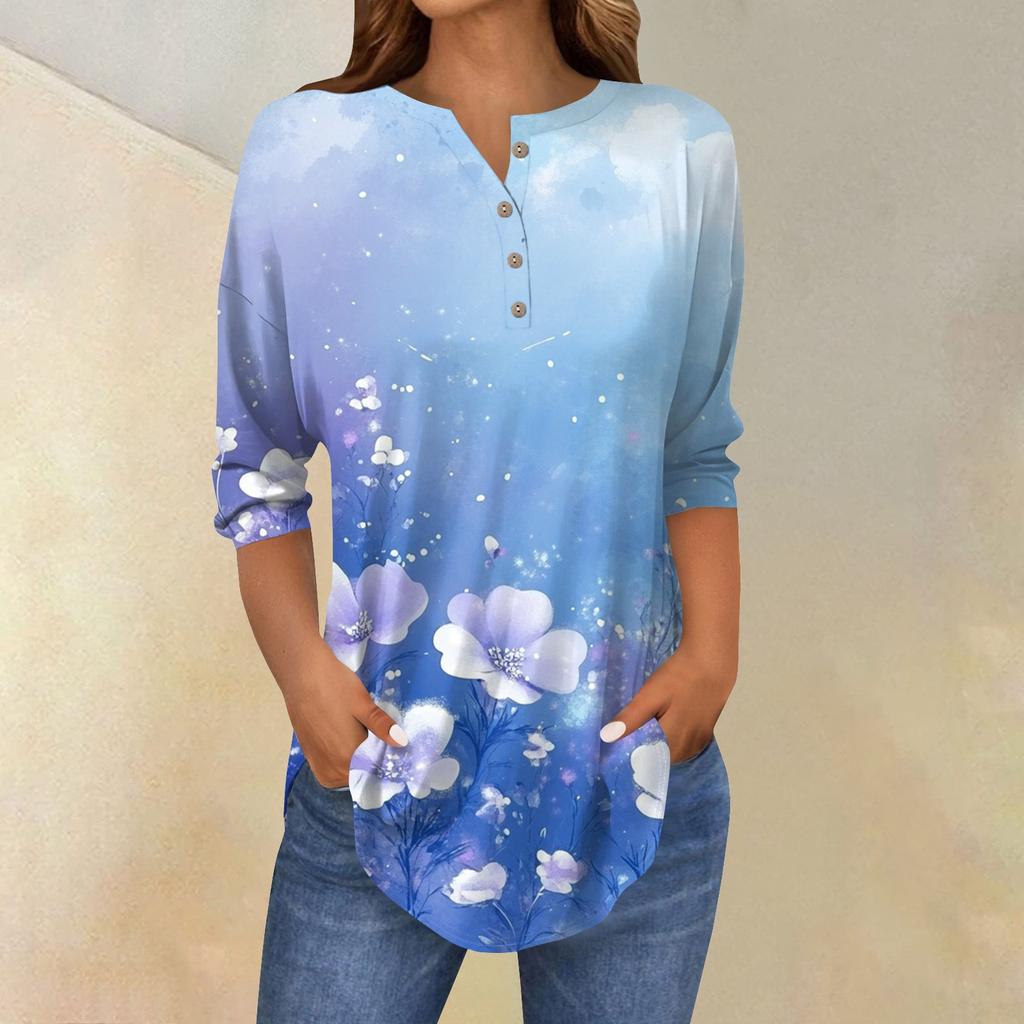 Damenmode Lose Knopfkragen Druck 3/43/4 Ärmel T-Shirt Tops Pullover