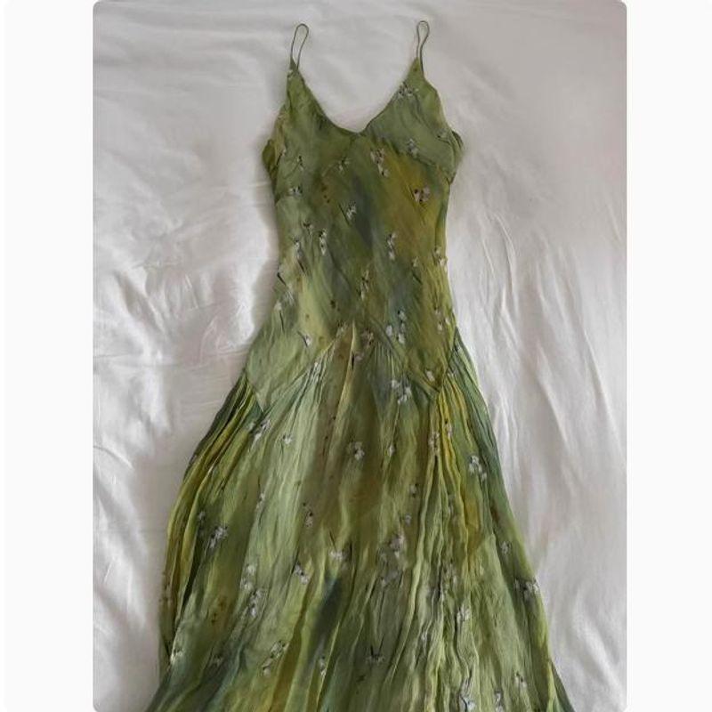 

2025 Супер Огненный Император Политический Стиль Французский стиль Красивое Уникальное Пляжное Платье-Слинг с Зеленым Принтом на Весну для Женщин Green S