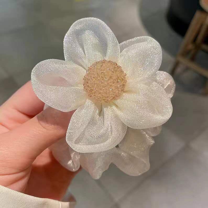 Korean Light Luxury Rhinestone Sunflower Mesh Scrunchie - Organza Elastic Hair Accessory for Women