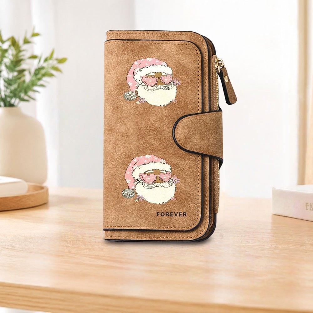 Pink floral Santa Claus long zipper wallet, large-capacity card holder, unisex clutch bag, stylish zippered coin purse, suitable for daily use, a