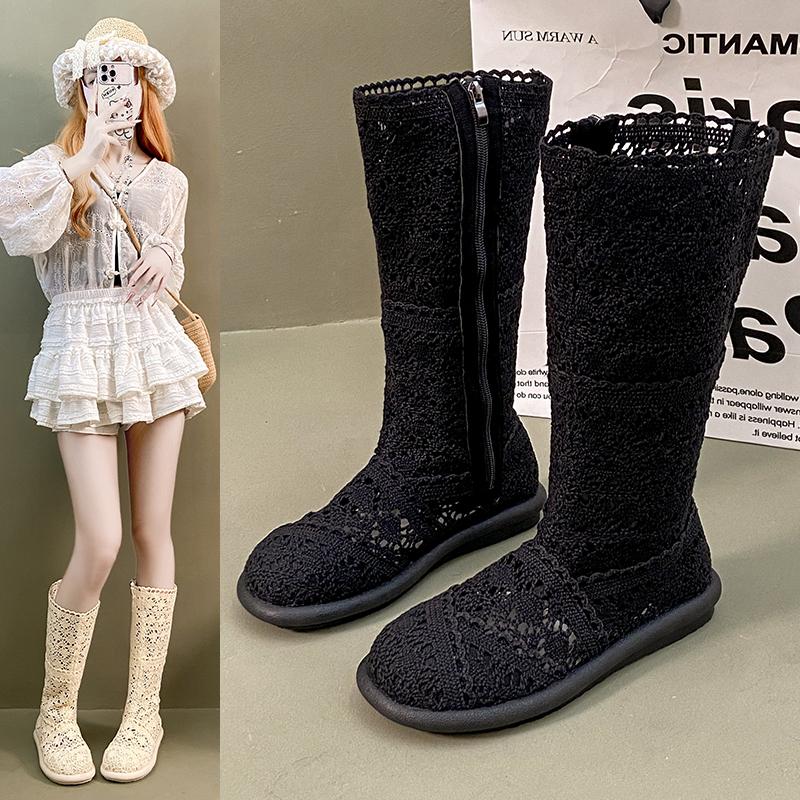 

Мода 2025 полые сапоги дышащая обувь модная сетка вязаная линия высокая голень летние женские сапоги до колена труба женская обувь 35 чёрный