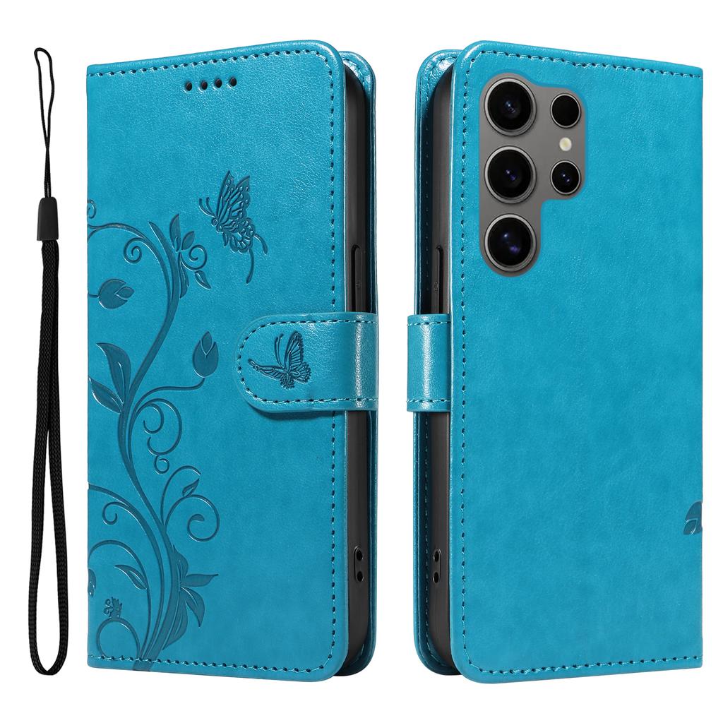 For Samsung Galaxy S25 Ultra PU Leather Cases Flower Pattern Wallet Stand Phone Cover with Strap
