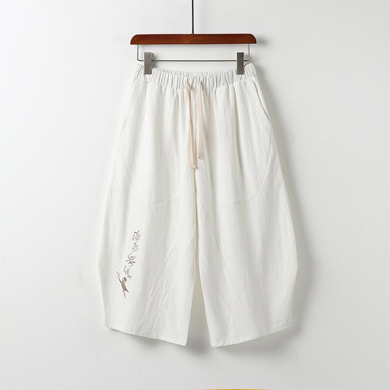 

Мужские свободные хлопковые льняные повседневные брюки с эластичной резинкой на талии, пляжные брюки, льняные укороченные брюки XXXXL белый