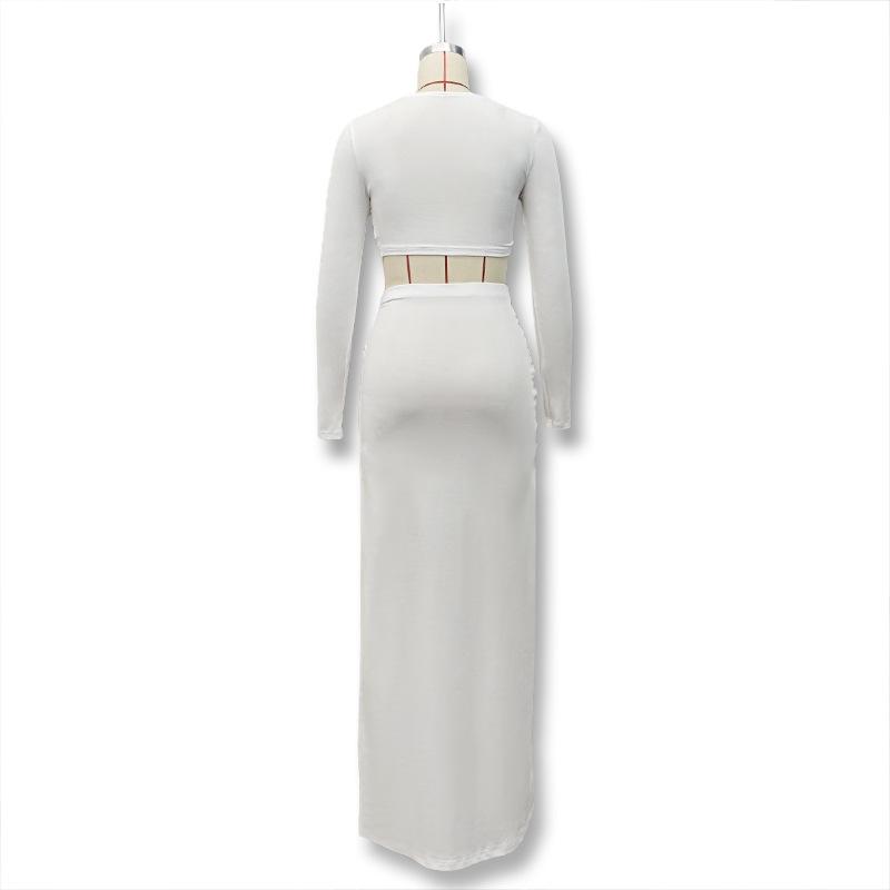 Women's Neckline Long-sleeved Crop Top Slim-fit Trouser Skirt Suit