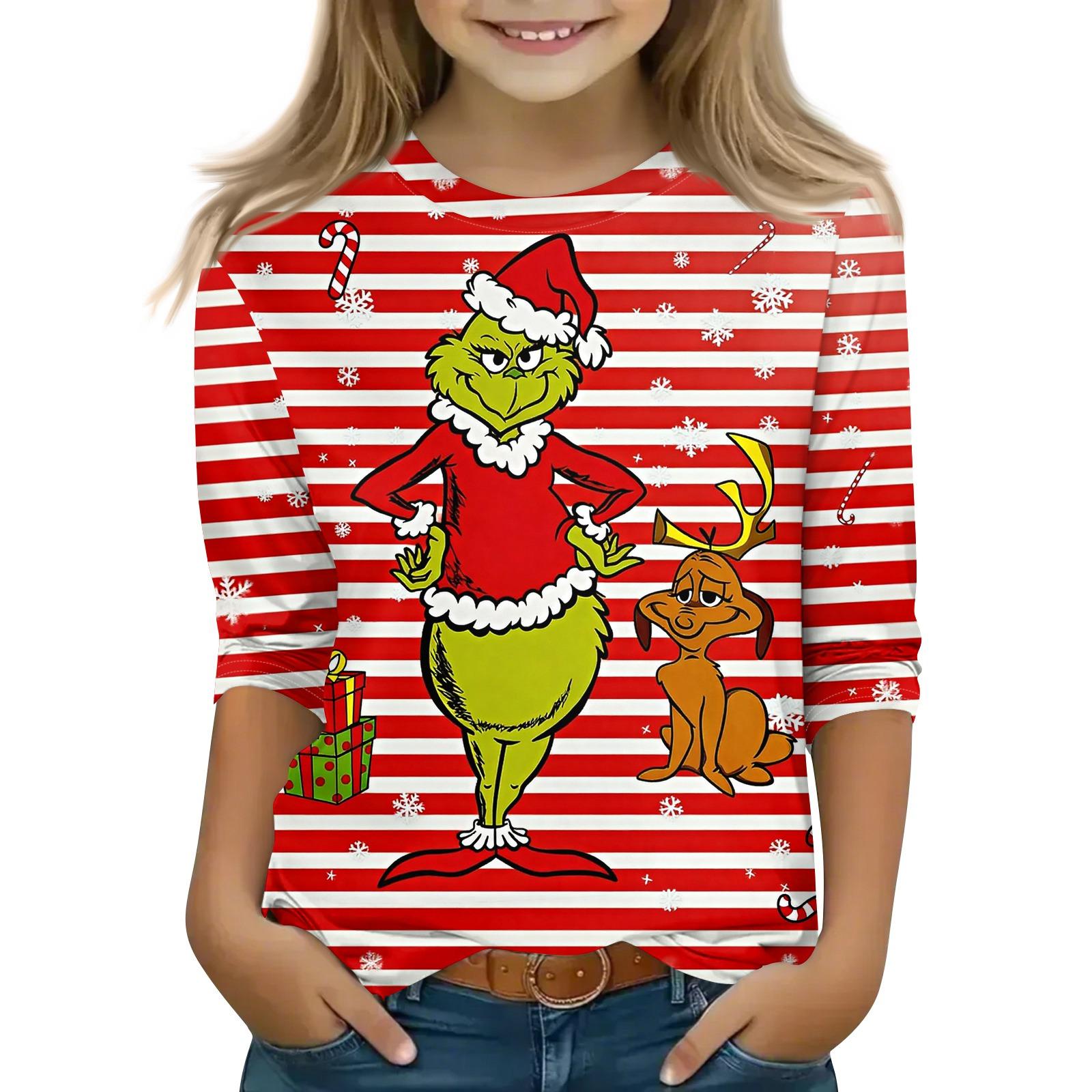 

Рождественские детские топы с рукавом 3/4, повседневная футболка с принтом, на каждый день, пуловер с круглым вырезом, блузка 110 красный