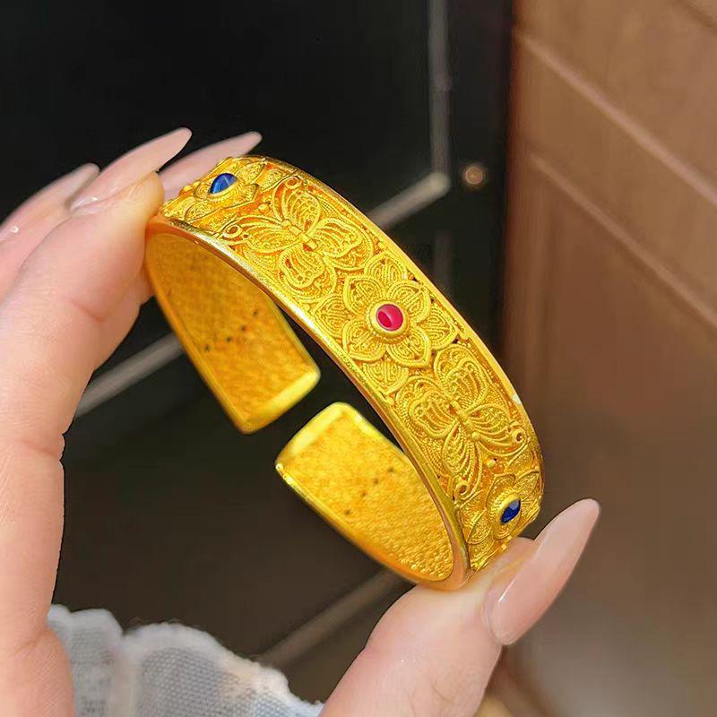 Широкий Браслет с Золотой Филигранью, Бабочками и Цветами