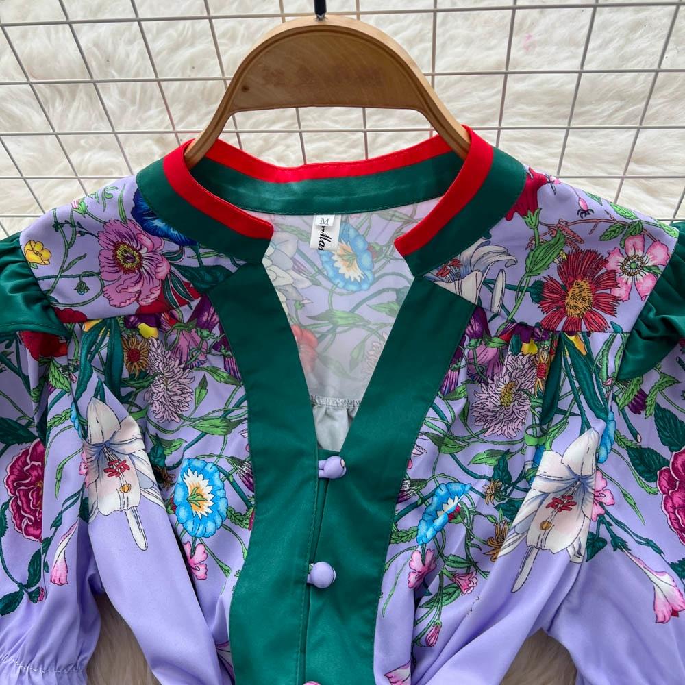 Summer Women Vintage Print Runway Dresses V-neck Single Breasted Mini Short Party Dress