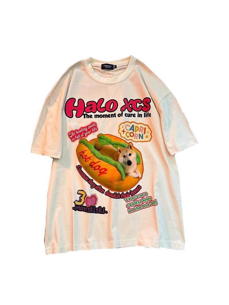 Unisex Retro Hot Dog Print Cotton T-Shirt - Plus Size, Trendy Loose Fit