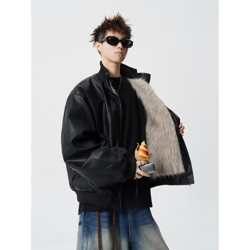 Men's American Retro PU Leather Cotton Jacket - Hong Kong Style, Autumn/Winter, High-End Trend, Loose Fit, Short Stand-Up Collar