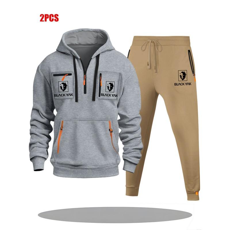 Mens Hoodie Sweatshirt Set Solid Color Multi-Zipper Pockets Casual Wear