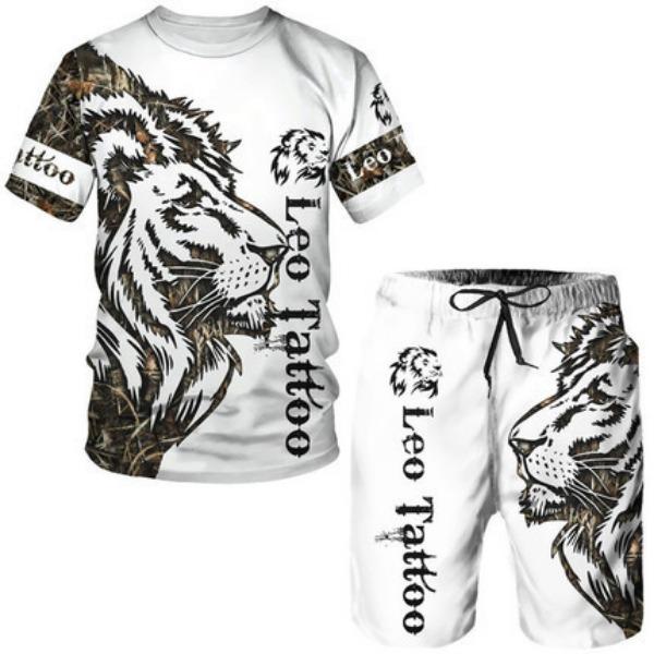 Summer Round Neck 3D Lion Printed Set Fashionable and Casual Short Sleeved Shorts Men's Clothing Sets Sport Wear