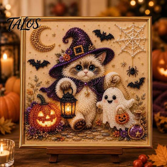 Decorative Hanging Pictures for Halloween Ghost Faux Pearl Art DIY Kit with Frame, Cat Painting Easy Projects Beginners Kit, 3D Witch Pumpkin