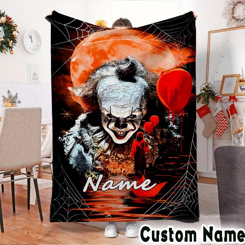 Custom NameClown Horror Blanket Flannel Throw for Sofa, Indoor, Camping, Living Room, Office, Chair, And Bed Soft Birthday Christmas Gift