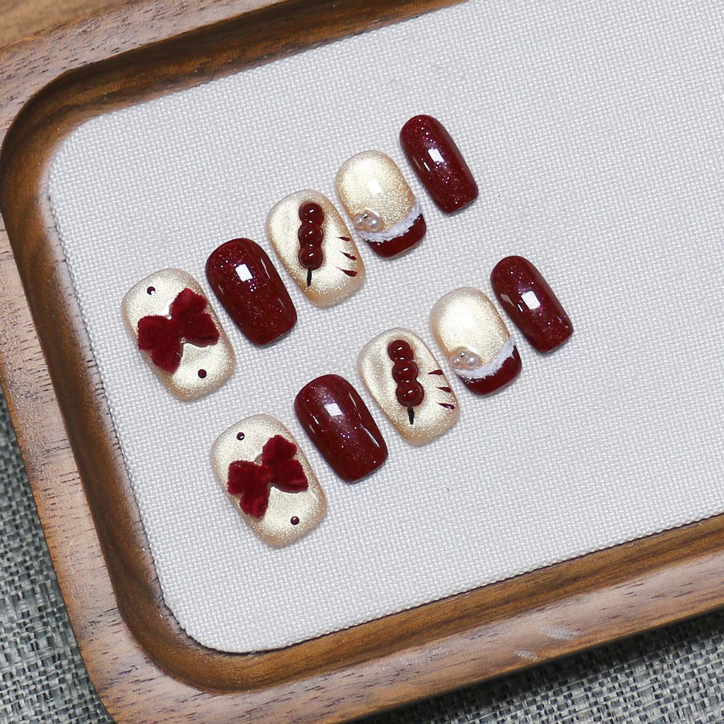 Tanghulu New Year Cat Eye Nail Art Stickers: Handmade, Wearable, Short Style Extra Small