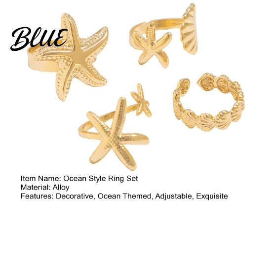 Adjustable Finger Ring 4Pcs Ocean Style Set Open Rings Gold
