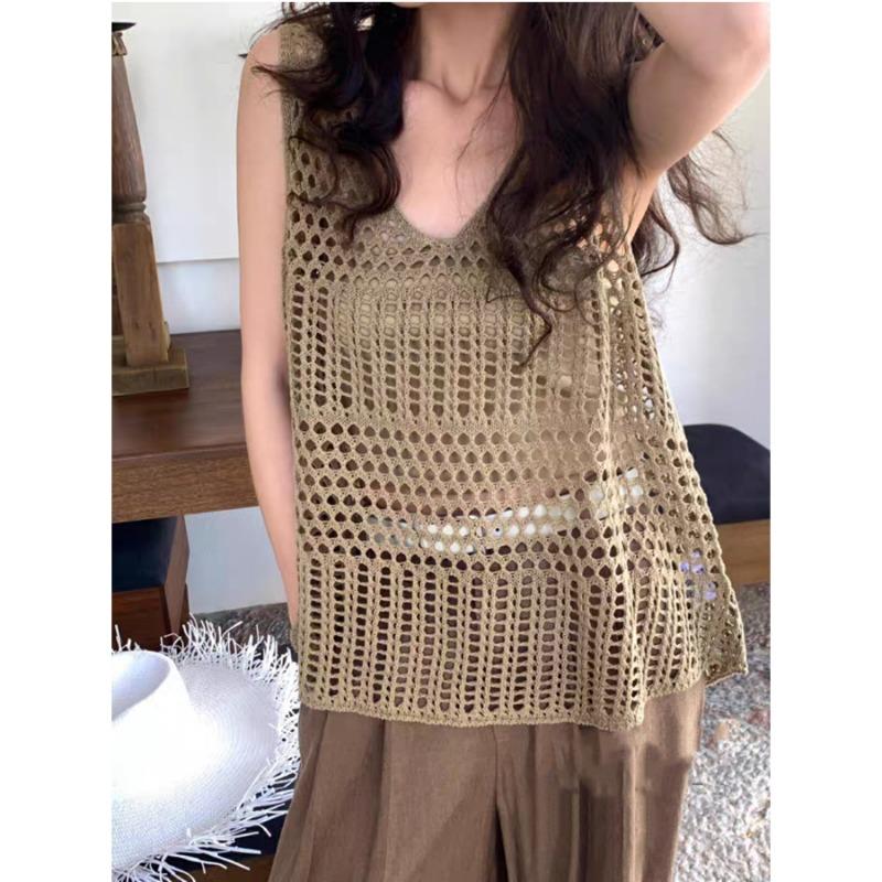 

Модные трикотажные жилеты с V-образным вырезом без рукавов, с вырезами, тонкие, сексуальные женские накидки, элегантные повседневные однотонные свободные майки, летние топы для уличной одежды One size