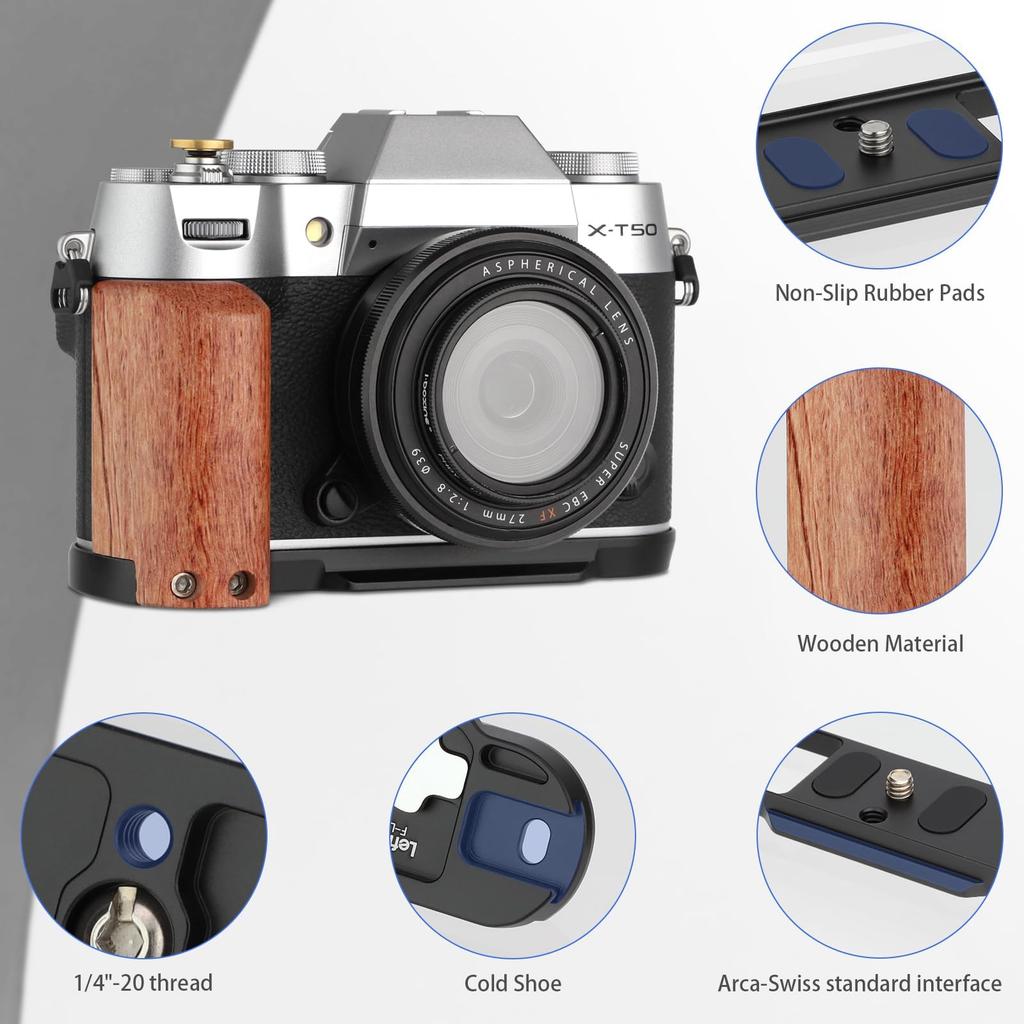 LEFTFOTO Retro Handgriff mit Holzgriff für Fujifilm Boden Arca Schnellwechselplatte mit Auslöser Schwarz X-T50 Griff, L-förmige X-T50 Kamera,