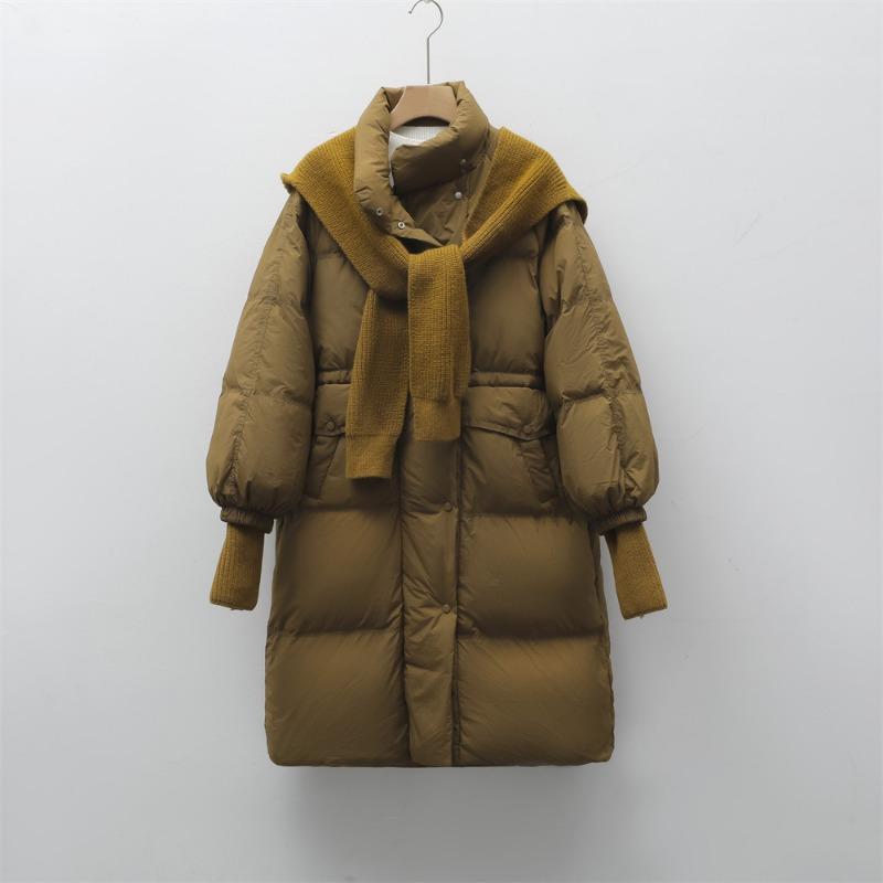 White duck down winter new loose medium and long coat hooded removable knitted hat down jacket women