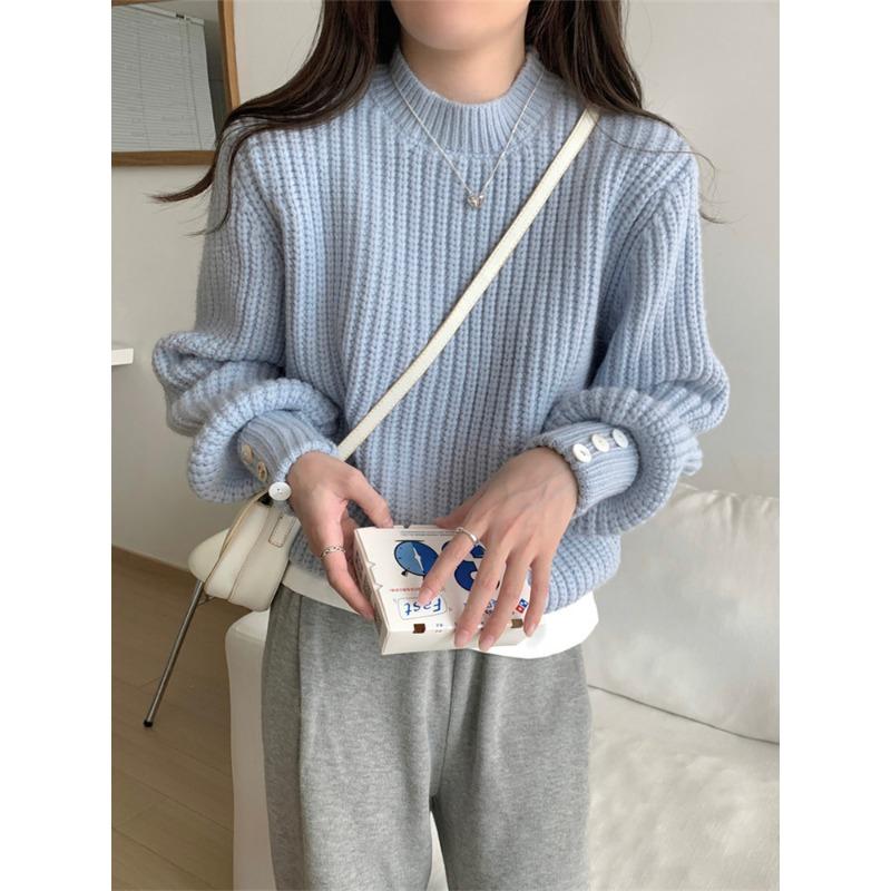New autumn and winter solid color thickened lantern sleeve pullover sweater women's design sense fashion inside knitted sweater tide