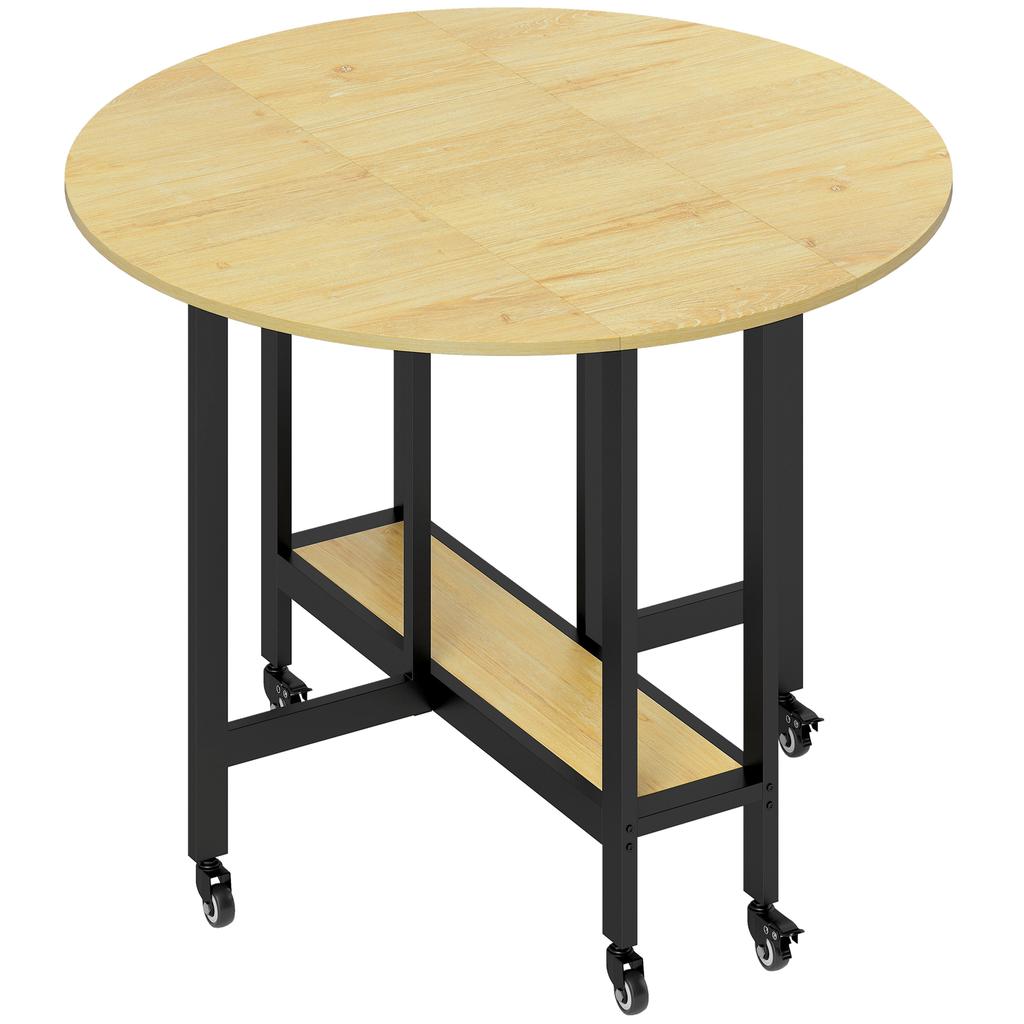Folding Dining Table on Casters, Seats 4, Integrated Shelf, 100 x 100 x 75 cm, Oak