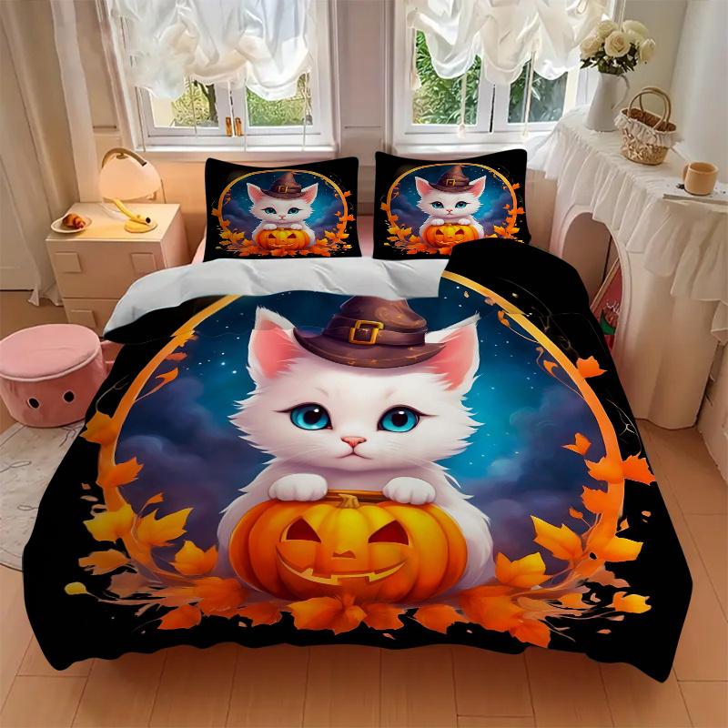 3pcs Halloween Cute White Cat Pumpkin Quilt Set - Soft and Comfortable Bedroom, Guest Room and Dorm Decor Bedding Set 1 Quilt Cover + 2 Pillowcas