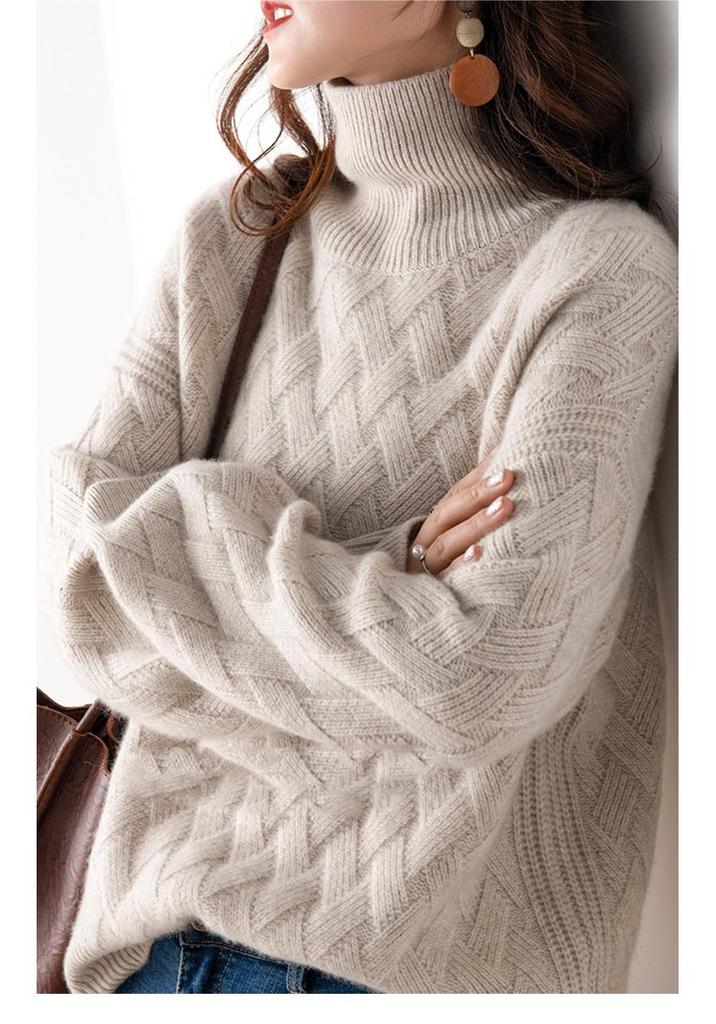 Women's High-Neck Ribbed Knit Sweater - Warm, Thick, Loose Fit for Autumn/Winter 2024, Korean Style