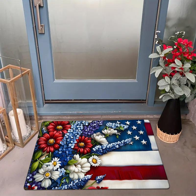 Flannel Sponge 0.47inch Thick - 1pc American Flag and Floral Pattern Kitchen Fl Mat, Non-Slip Floor Area Mat, Doormat for Entryw