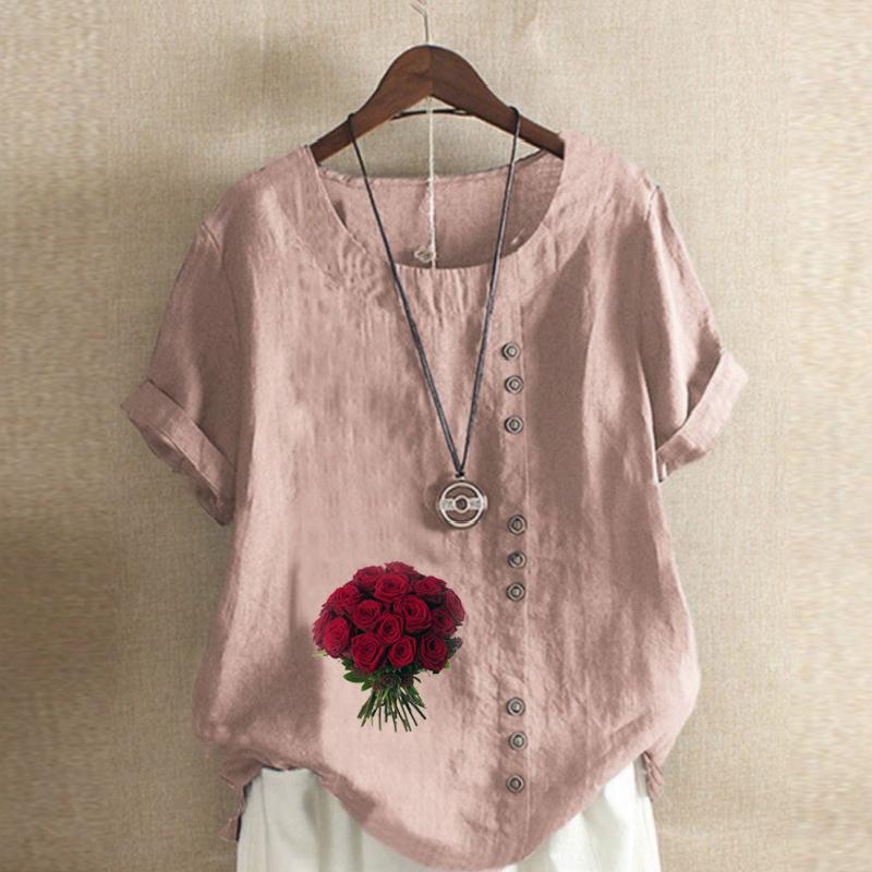 Women's Fashion Rose Prined Round Neck Short Sleeve T-shirt Casual Cotton Linen Graphic Shirt Leisure Loose Summer Blouse Tops