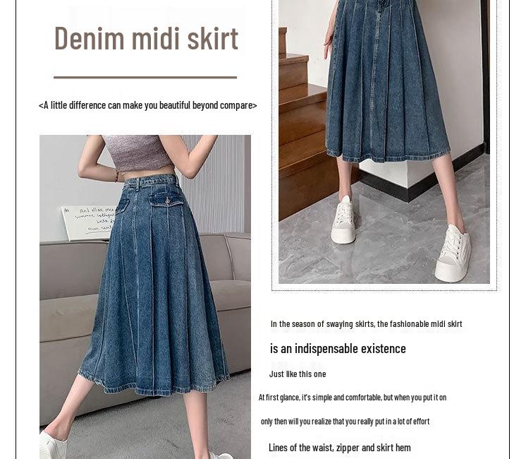 2023 Summer Retro Pleated Denim Midi Skirt: Women's High Waist A-line Design