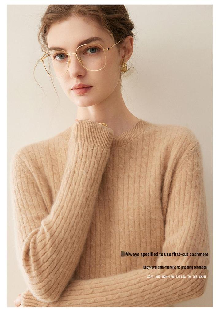 Women's 100% Cashmere Cable Knit Sweater: Winter 2026 Loose Pullover with Round Neck and Long Sleeves