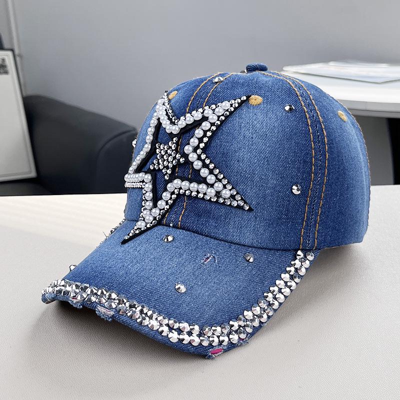 Damen Strass Denim Baseballkappe - Paris Schriftzug Sonnenhut