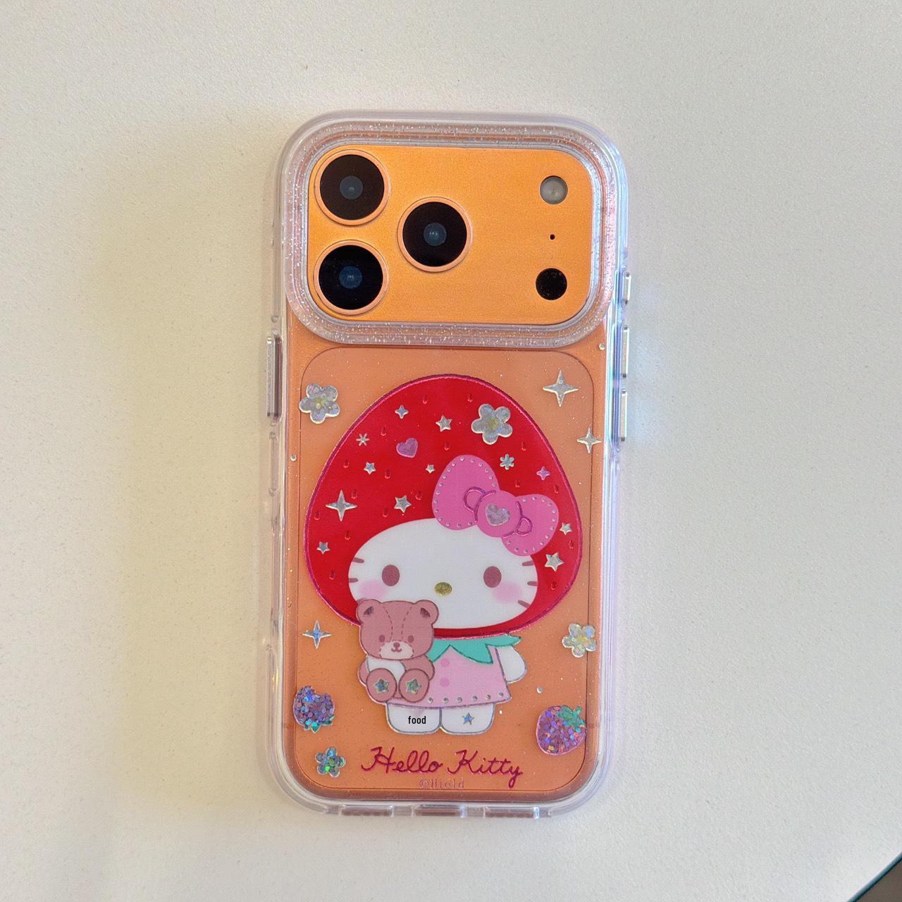 

Fits Apple iPhone 15/16 Pro Max, Rose Gold Case with Little Bear and Strawberry Design, Headset Protection Included iPhone 16 Pro Max