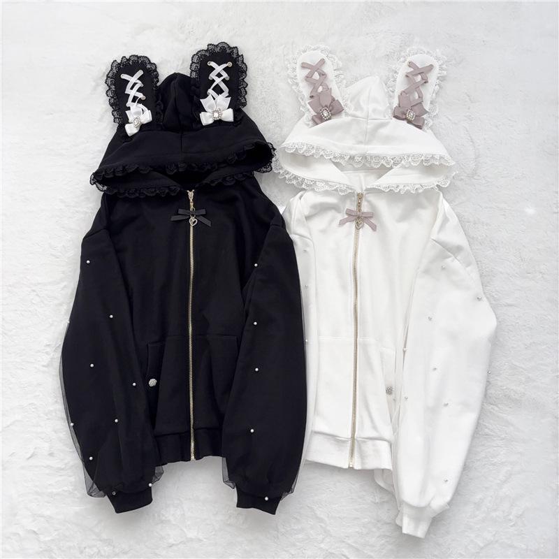 Japanese Subculture 2D Bunny Ear Hooded Jacket with Lace-up Bow & Pearl Details