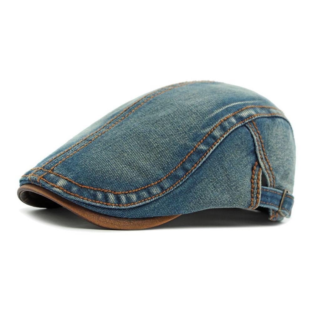Casual Cotton Washed Denim Newsboy Caps British Style Adjustable Painter Beret Solid Color Forward Hat Peaked Cap Men