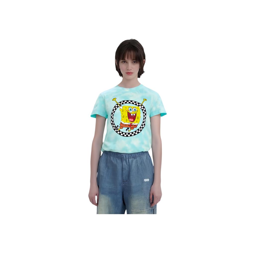 Vans X Spongebob Squarepants Fun Cartoon Print Checkered Short Sleeve T-Shirt Women Tops Blue VN0A5I3AYZM
