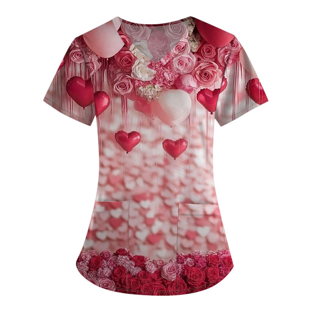 Women's Fashion V-Neck Short Sleeve Overalls With Pocket Valentine's Day Printed Tops  Clothes