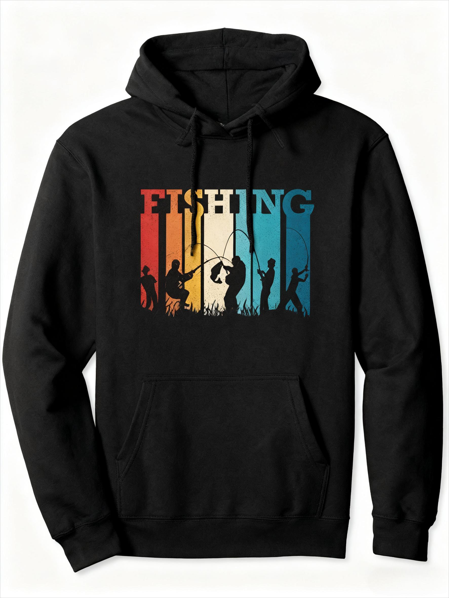 

Vintage FISHING Graphic Hoodie, Retro Angler Silhouette Sunset Print Sweatshirt, Outdoor Enthusiast Top for Winter 3XL