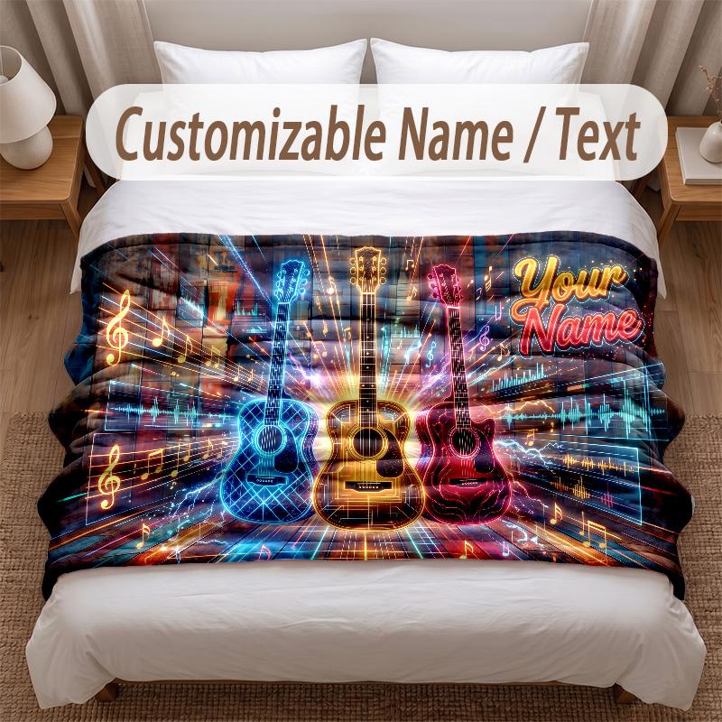 Music Guitar Theme Soft Blanket Personalized Custom Name Text Print Warm Blanket Home Sofa Bedroom Decor