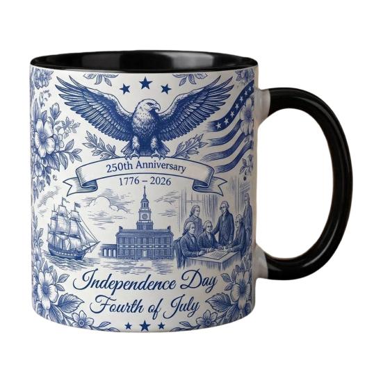 USA 250th Anniversary Blue Mug Patriotic Ceramic Coffee Cup with Eagle