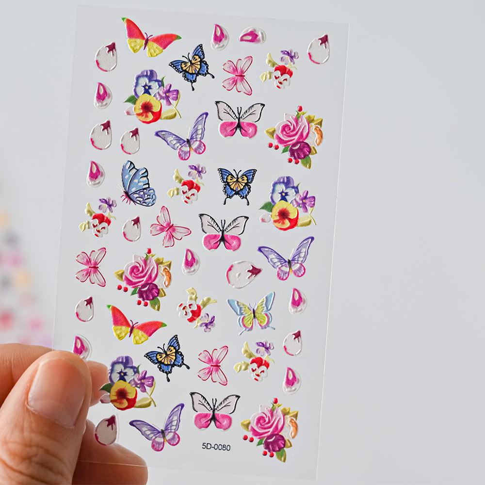 Color Relief Butterfly Nail Art Sticker 5D Three-Dimensional Butterfly Flower Adhesive Nail Decorative Relief Sticker