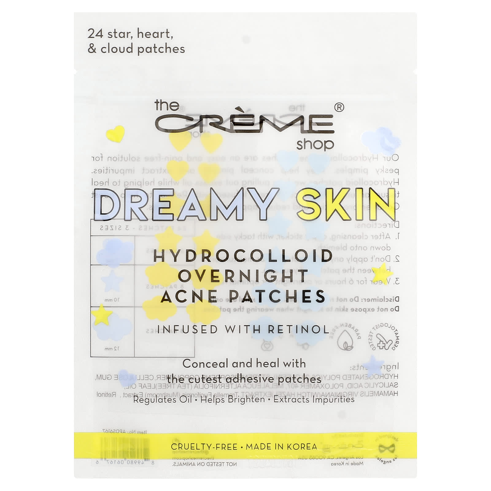 

The Creme Shop, Dreamy Skin, Гидроколлоидные ночные патчи от акне, Патчи в форме звезды, сердца и облака, 24 патча