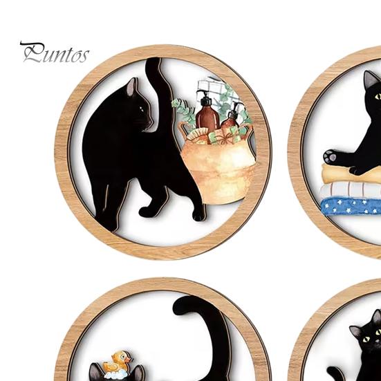 Nordic Style Wall Decoration 4 Pcs Minimalist Black Cat Art, Geometric Round Circle Wooden Matte Finish Decor Decor, Abstract Hanging Sign for Living